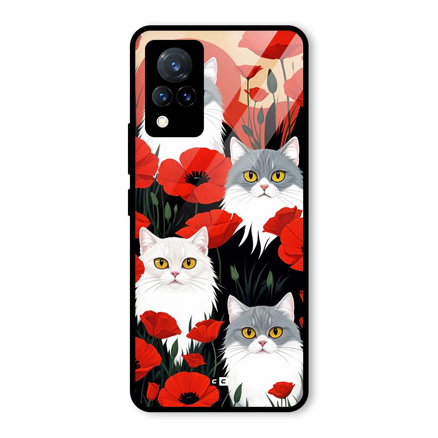 Floral Cat Glass Back Case for Vivo V21 5G