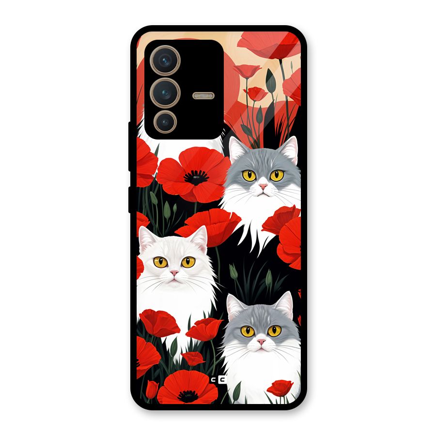 Floral Cat Glass Back Case for Vivo V23 5G