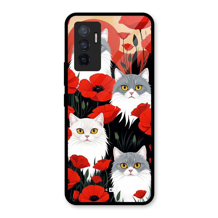 Floral Cat Glass Back Case for Vivo V23e