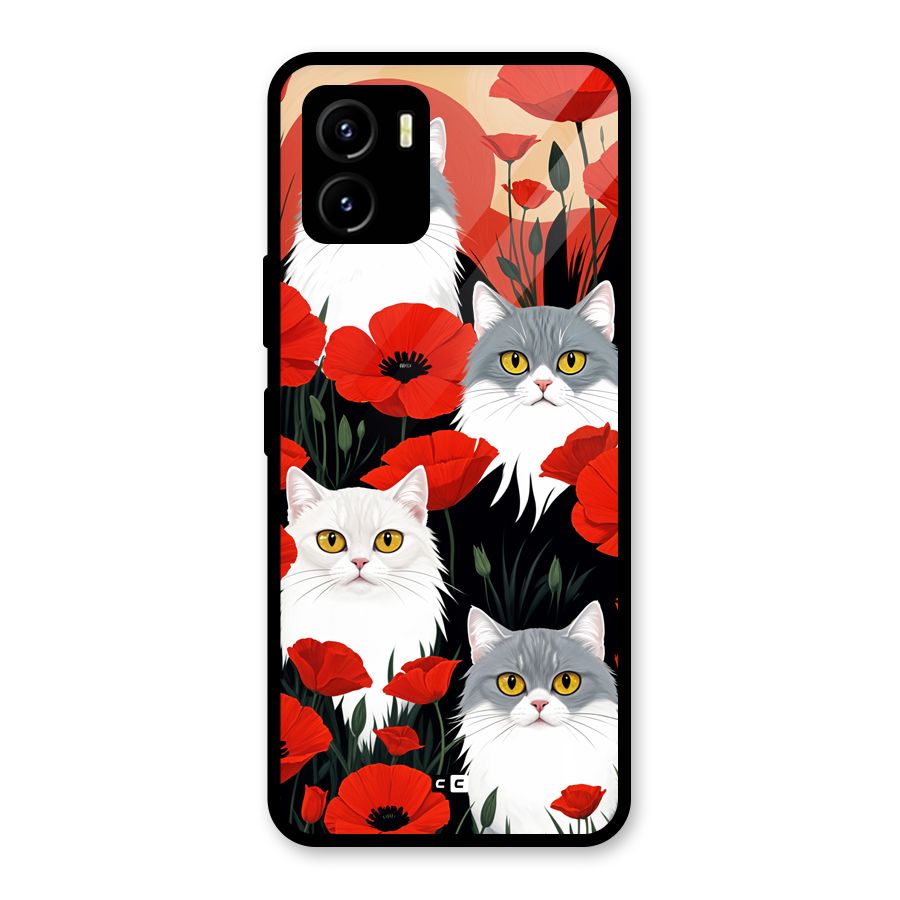 Floral Cat Glass Back Case for Vivo Y15s