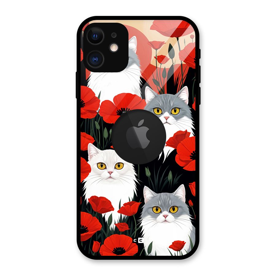 Floral Cat Glass Back Case for iPhone 11 Logo Cut