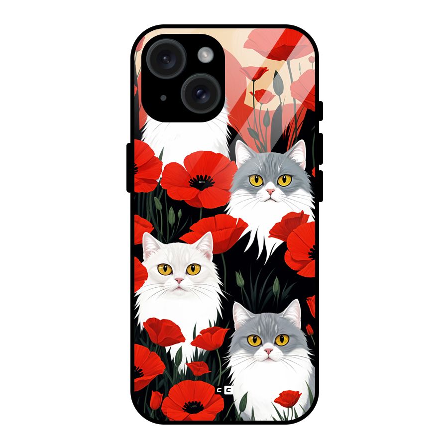 Floral Cat Glass Back Case for iPhone 15