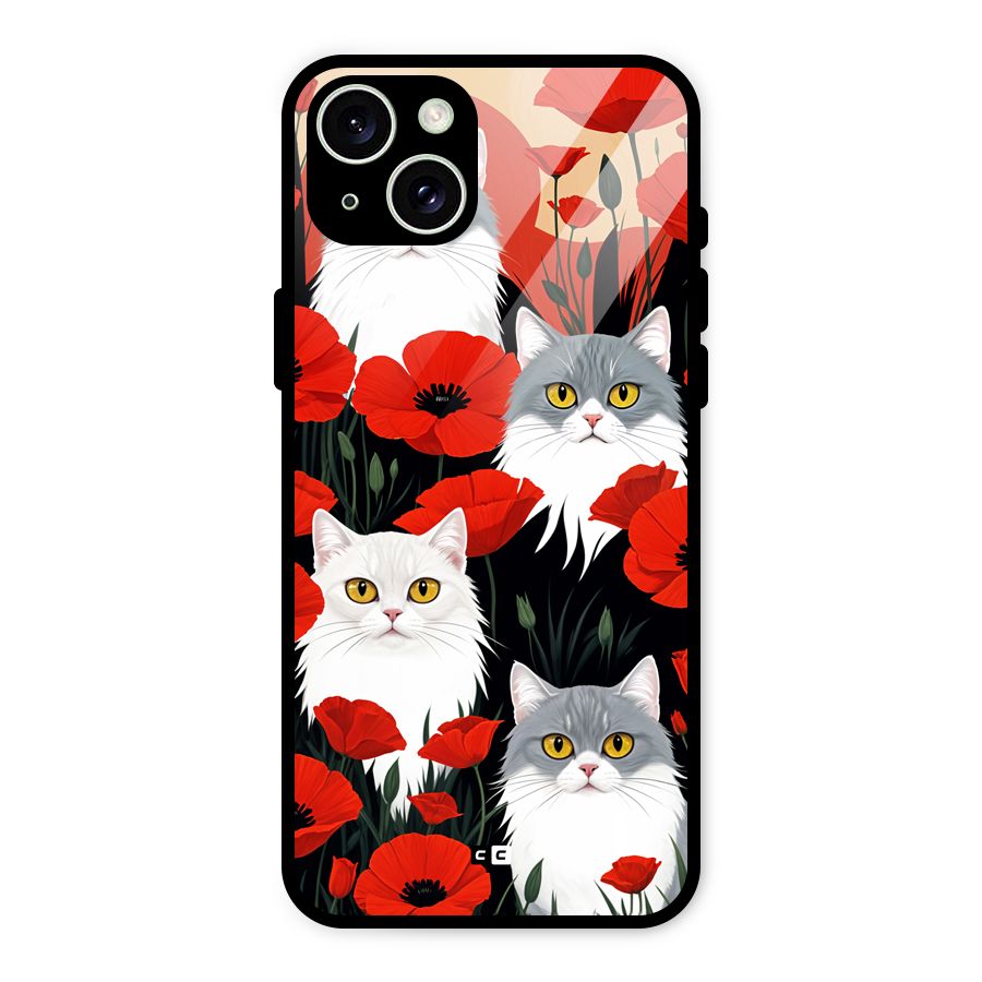Floral Cat Glass Back Case for iPhone 15 Plus