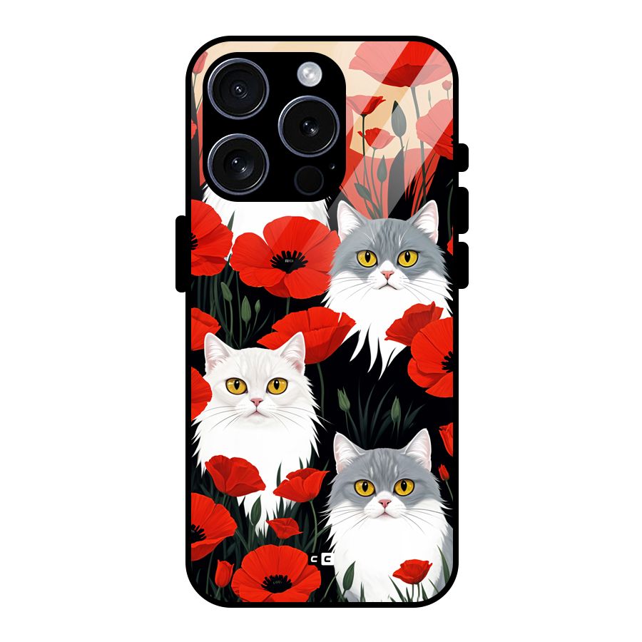 Floral Cat Glass Back Case for iPhone 15 Pro