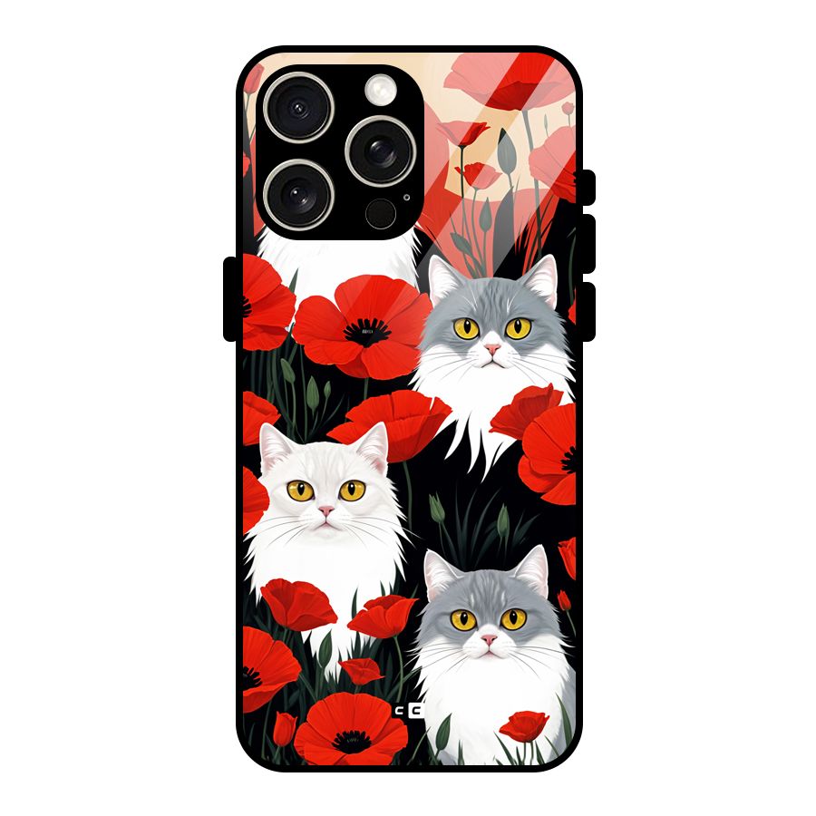 Floral Cat Glass Back Case for iPhone 15 Pro Max