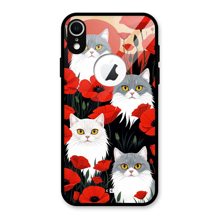 Floral Cat Glass Back Case for iPhone XR Logo Cut