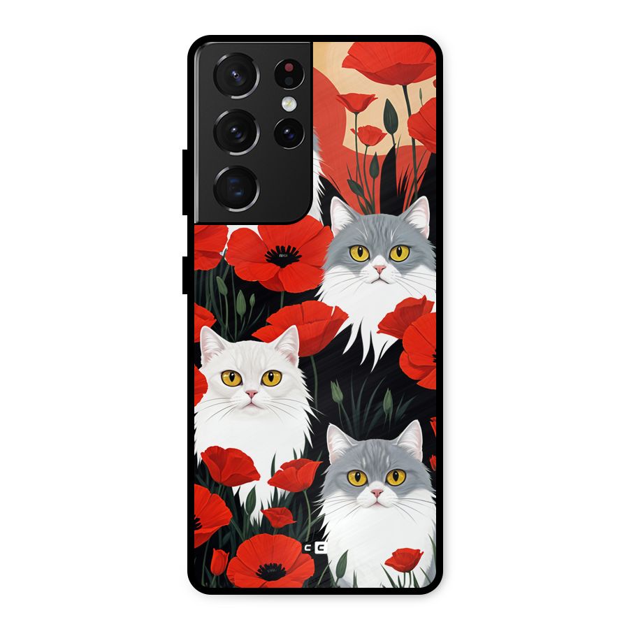 Floral Cat Metal Back Case for Galaxy S21 Ultra 5G
