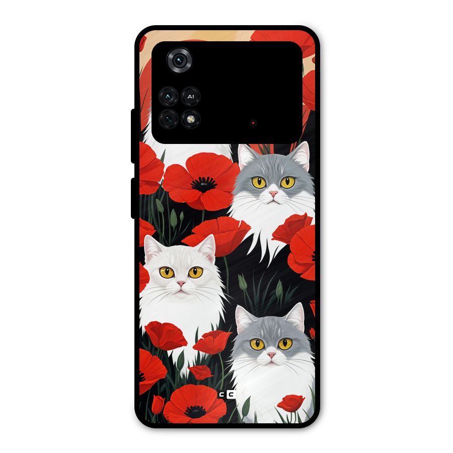 Floral Cat Metal Back Case for Poco M4 Pro 4G