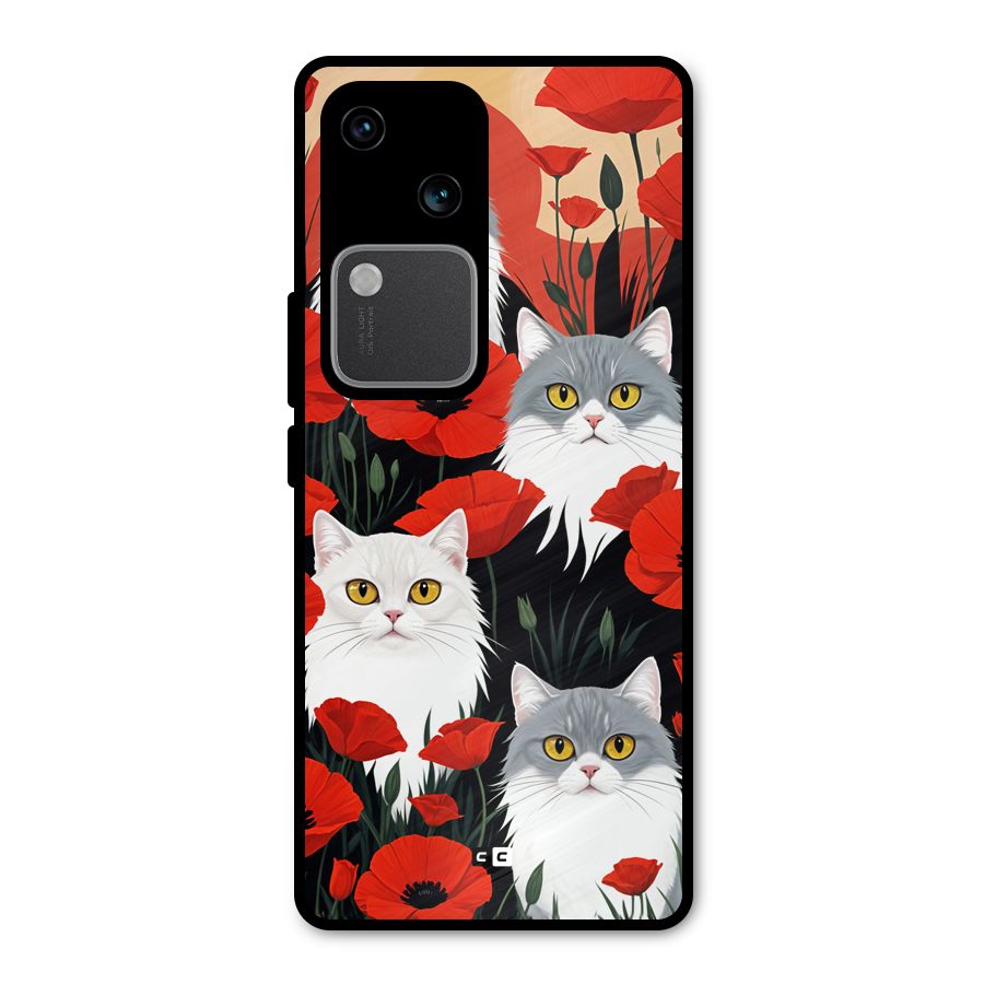 Floral Cat Metal Back Case for Vivo V30 Pro