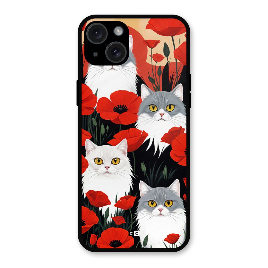 Floral Cat Metal Back Case for iPhone 15 Plus