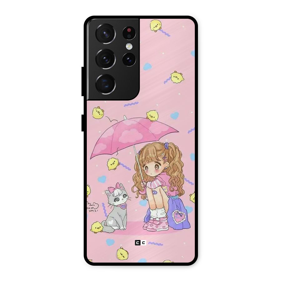Girl With Cat Metal Back Case for Galaxy S21 Ultra 5G