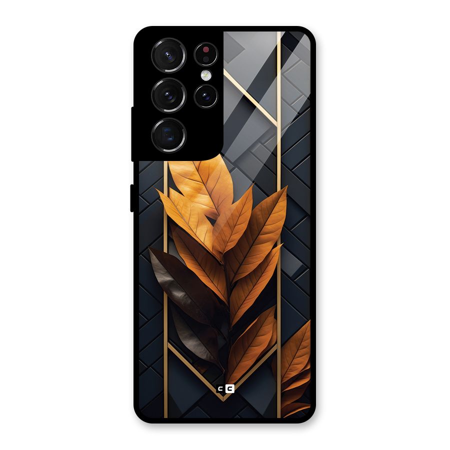 Golden Leaf Pattern Glass Back Case for Galaxy S21 Ultra 5G