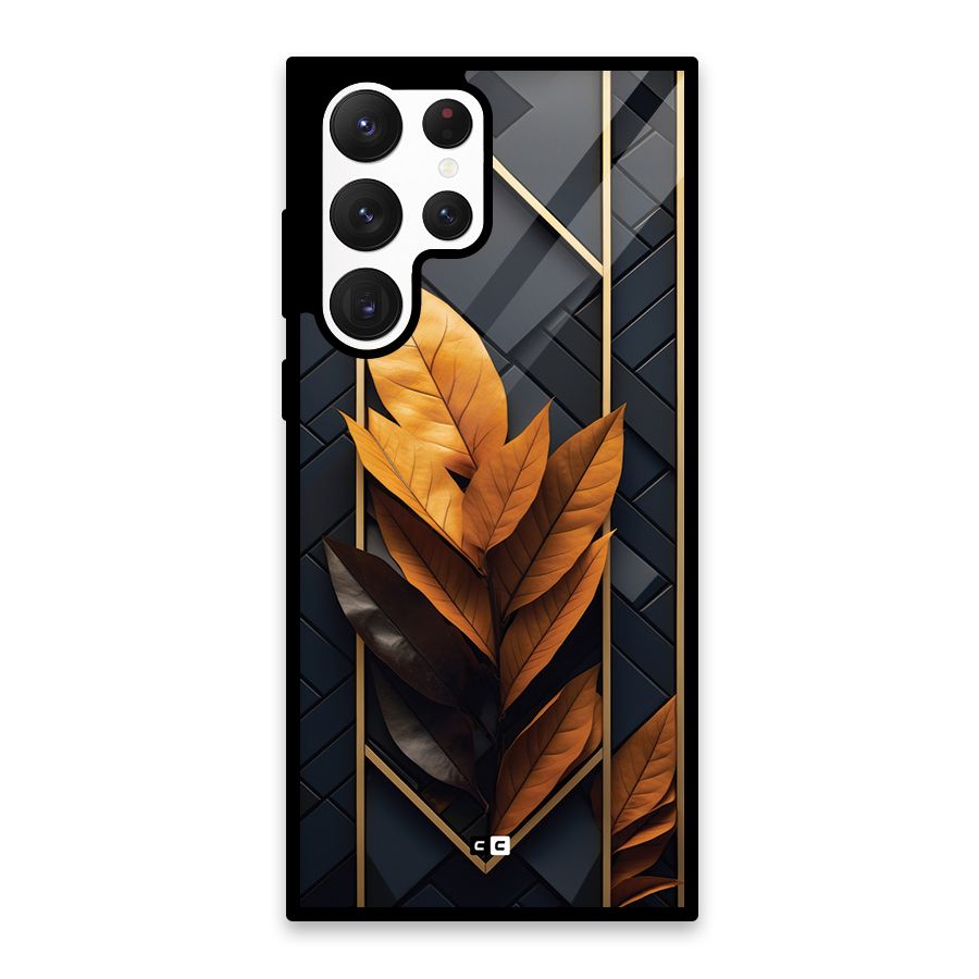 Golden Leaf Pattern Glass Back Case for Galaxy S22 Ultra 5G