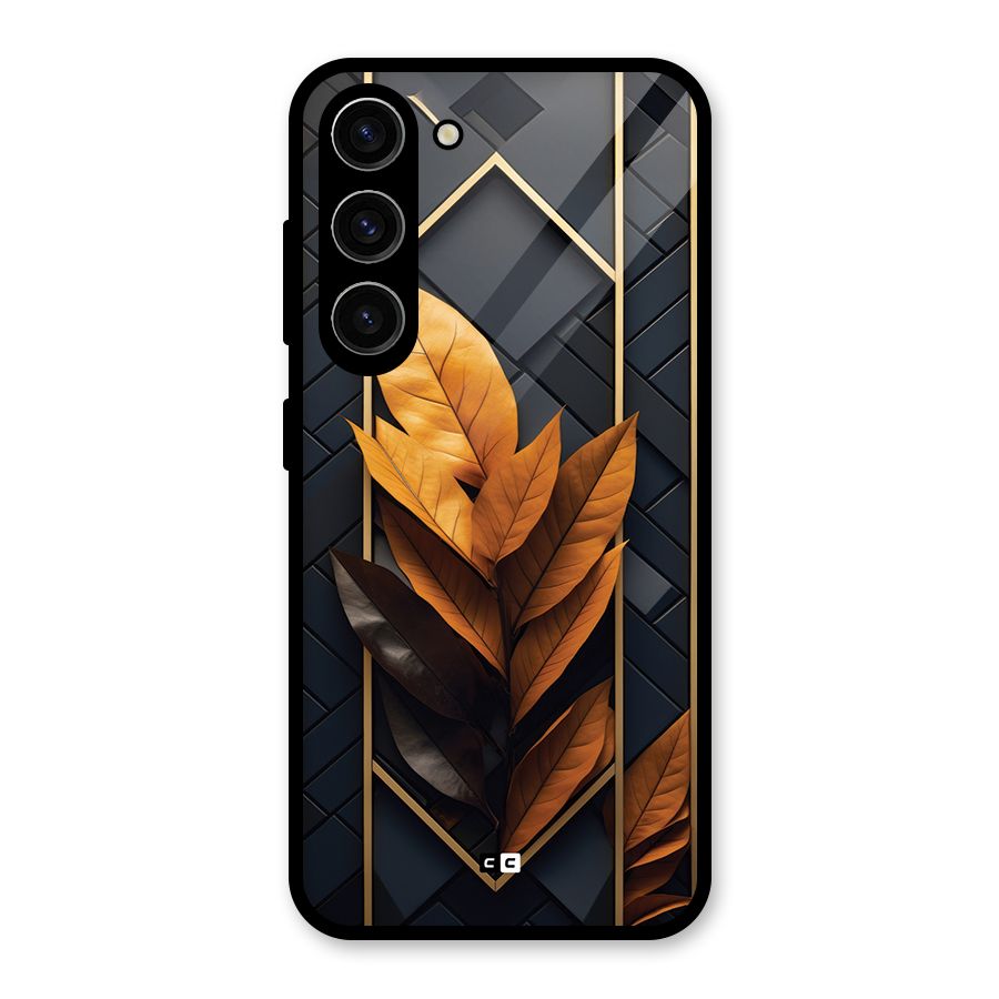 Golden Leaf Pattern Glass Back Case for Galaxy S23