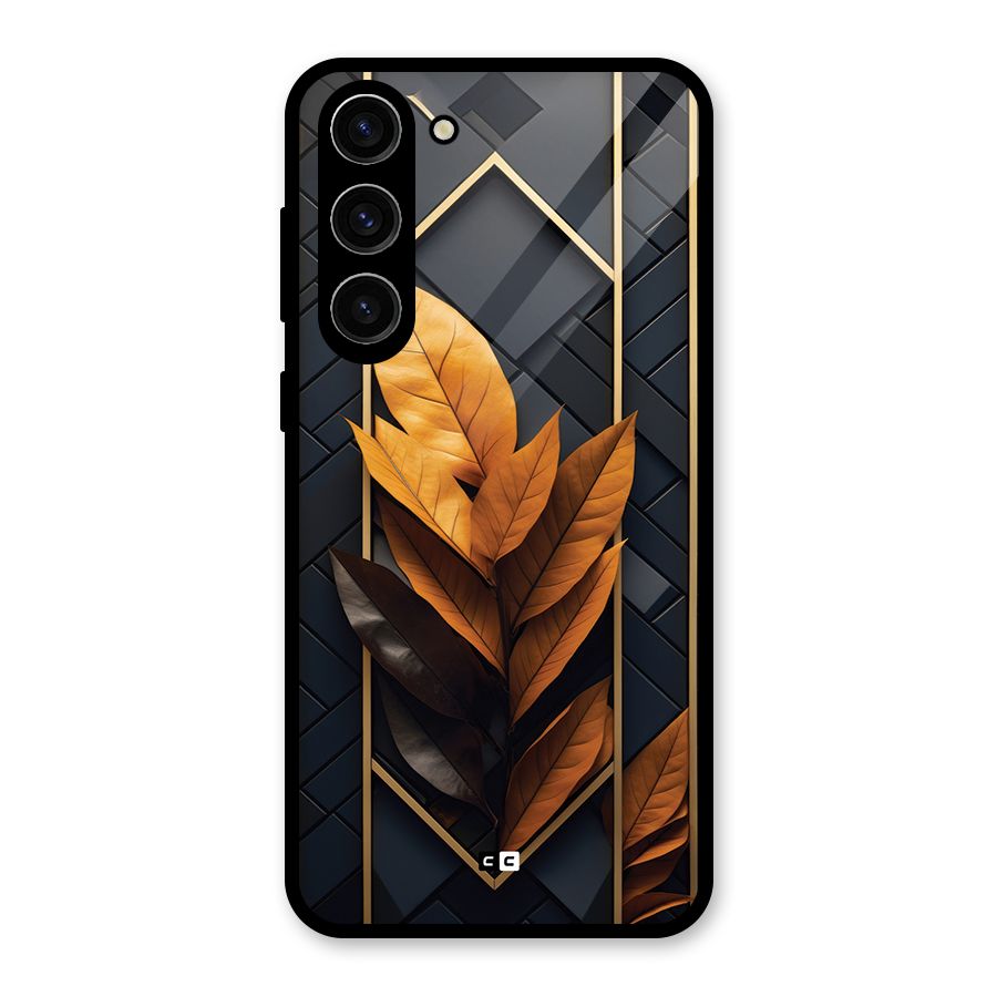 Golden Leaf Pattern Glass Back Case for Galaxy S23 Plus