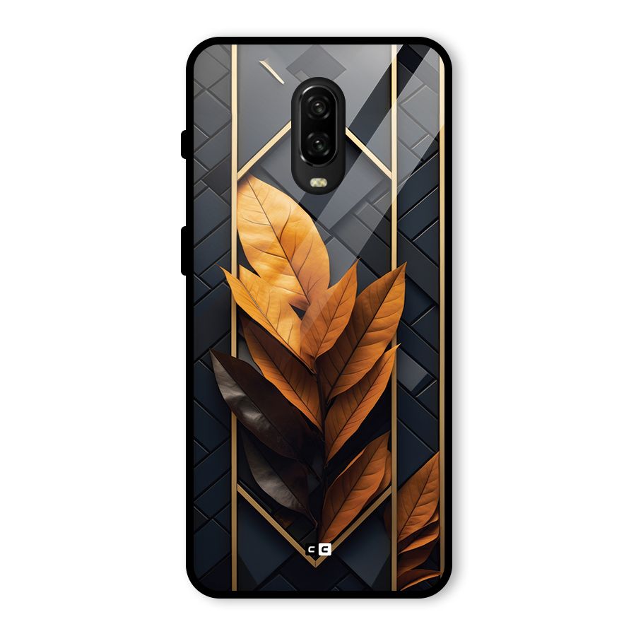 Golden Leaf Pattern Glass Back Case for OnePlus 6T