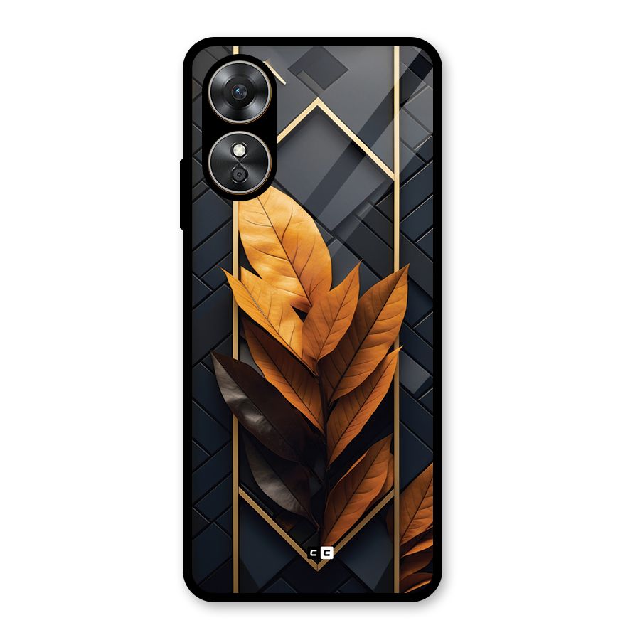 Golden Leaf Pattern Glass Back Case for Oppo A17