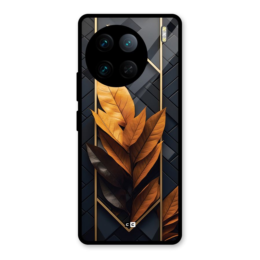 Golden Leaf Pattern Glass Back Case for Vivo X90 Pro