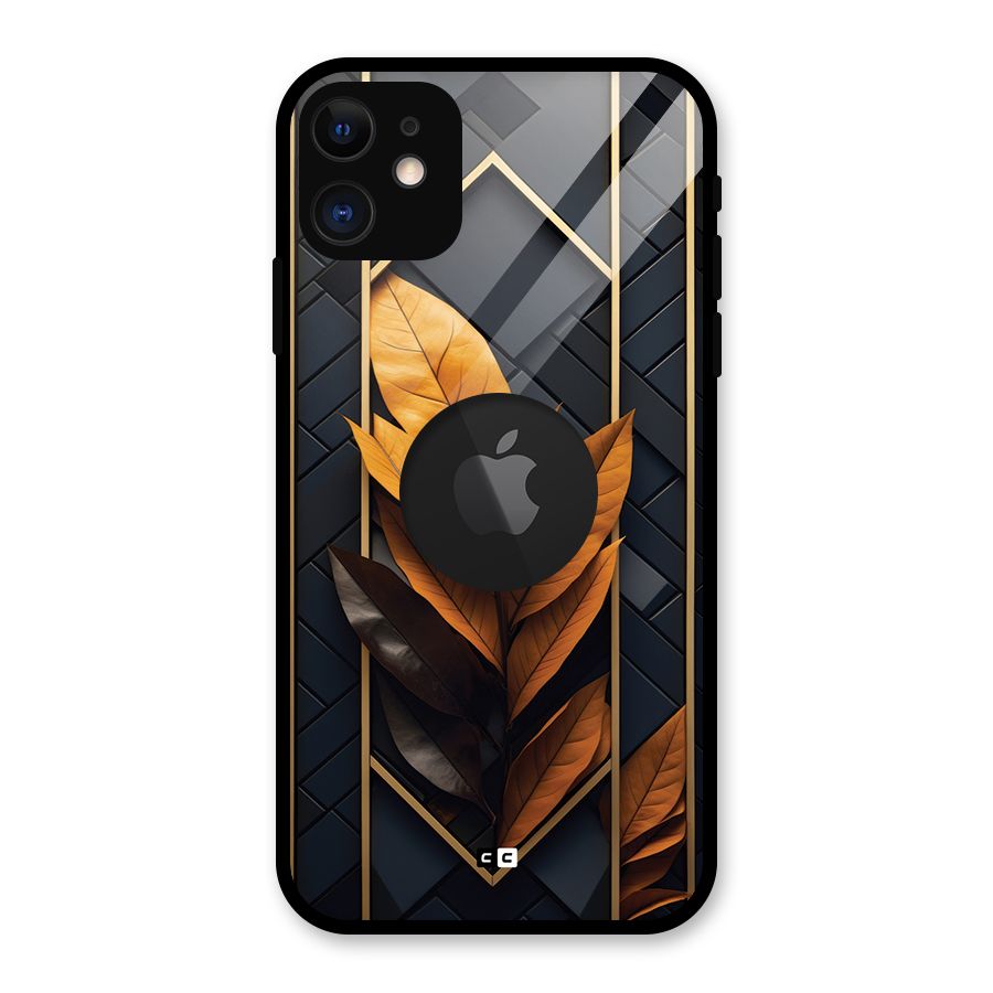 Golden Leaf Pattern Glass Back Case for iPhone 11 Logo Cut