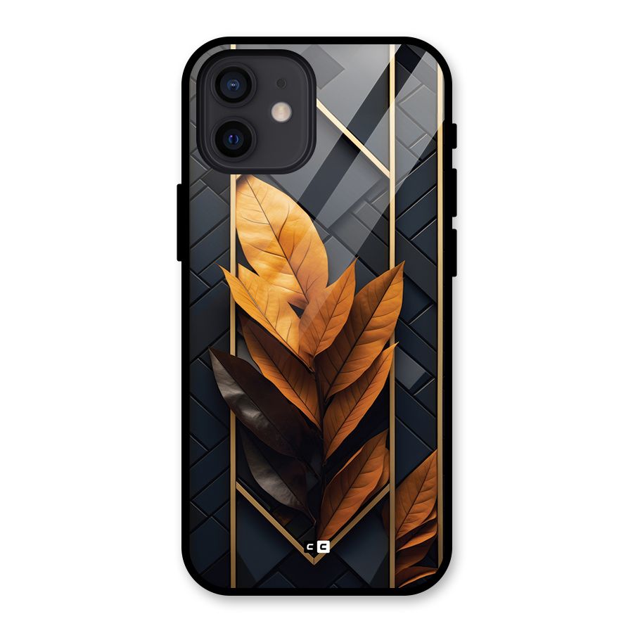 Golden Leaf Pattern Glass Back Case for iPhone 12