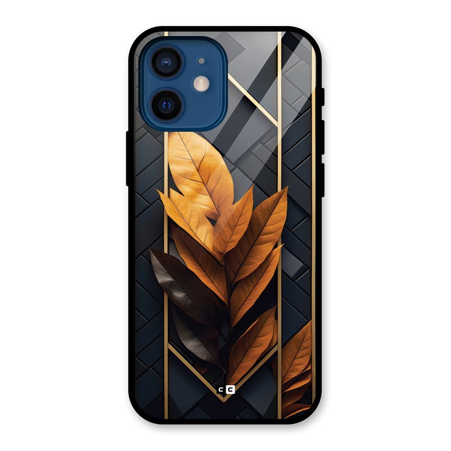 Golden Leaf Pattern Glass Back Case for iPhone 12 Mini