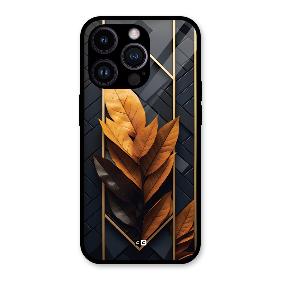 Golden Leaf Pattern Glass Back Case for iPhone 14 Pro