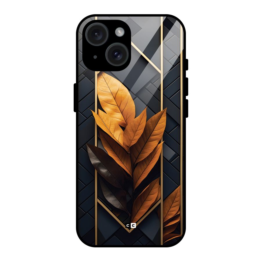 Golden Leaf Pattern Glass Back Case for iPhone 15