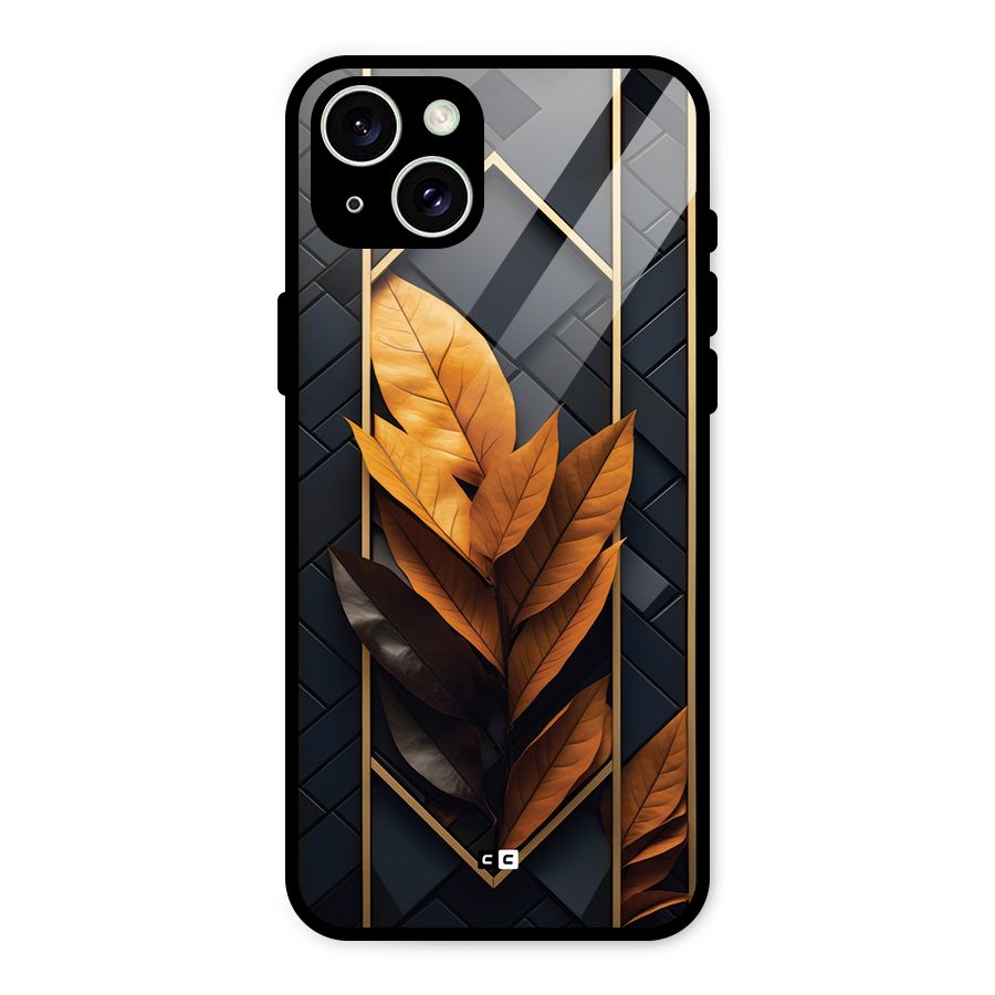 Golden Leaf Pattern Glass Back Case for iPhone 15 Plus