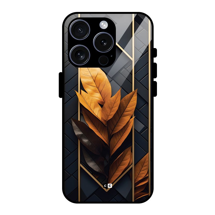 Golden Leaf Pattern Glass Back Case for iPhone 15 Pro