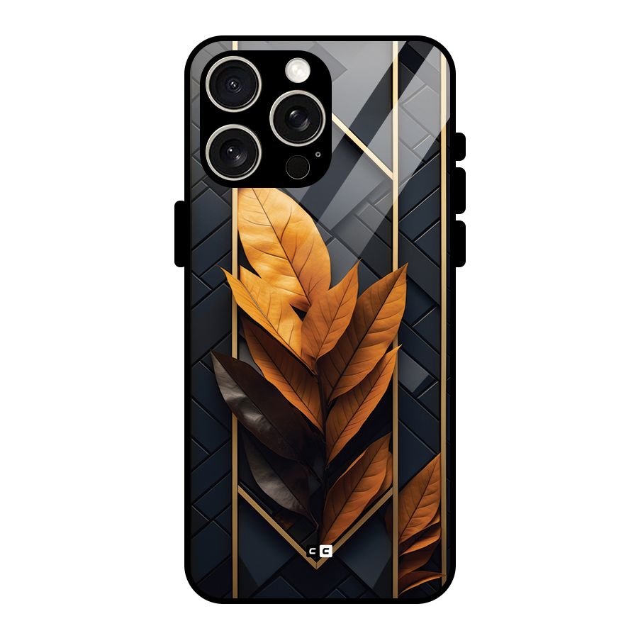 Golden Leaf Pattern Glass Back Case for iPhone 15 Pro Max