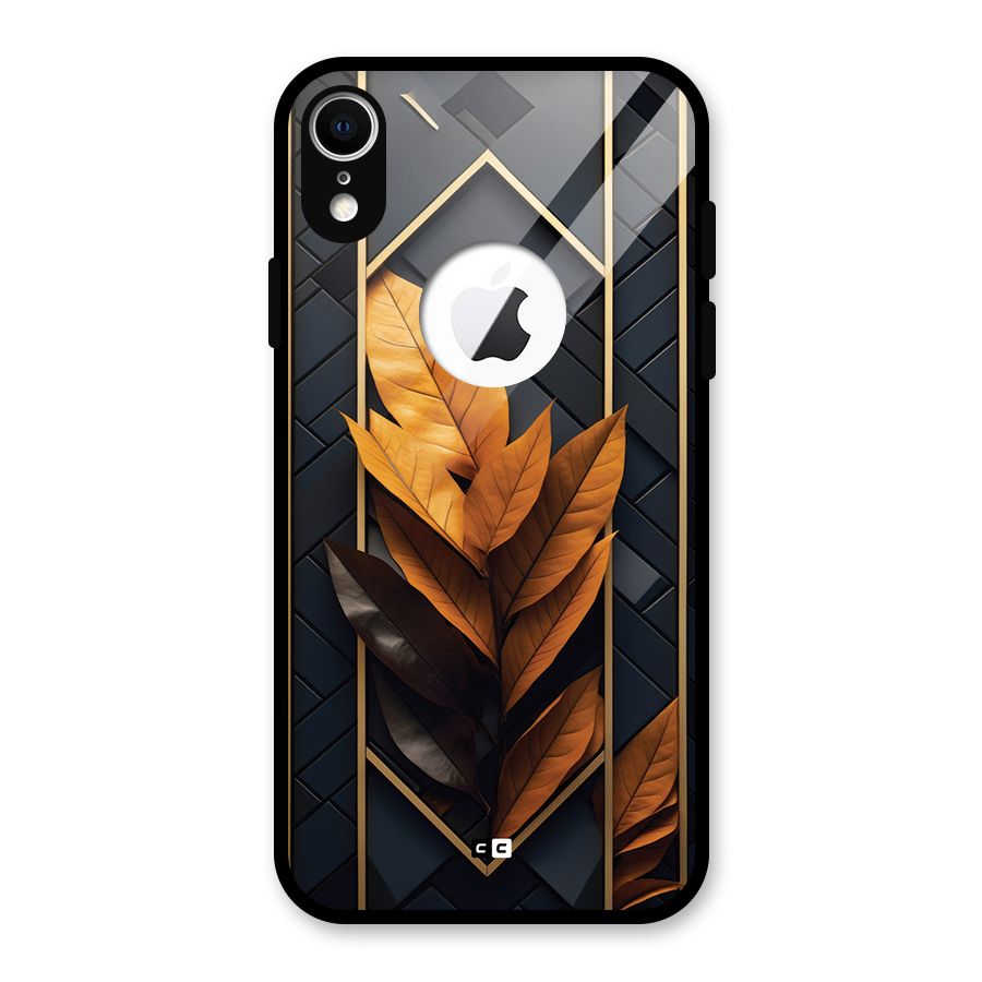 Golden Leaf Pattern Glass Back Case for iPhone XR Logo Cut