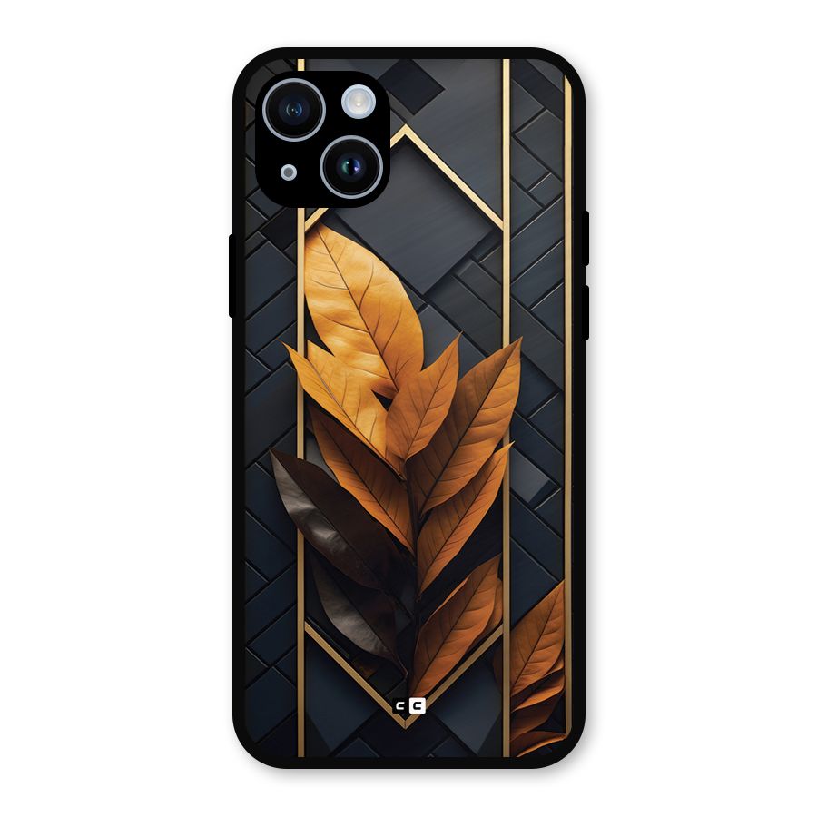 Golden Leaf Pattern Metal Back Case for iPhone 14