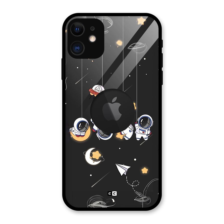 Hanging Astronauts Glass Back Case for iPhone 11 Logo Cut