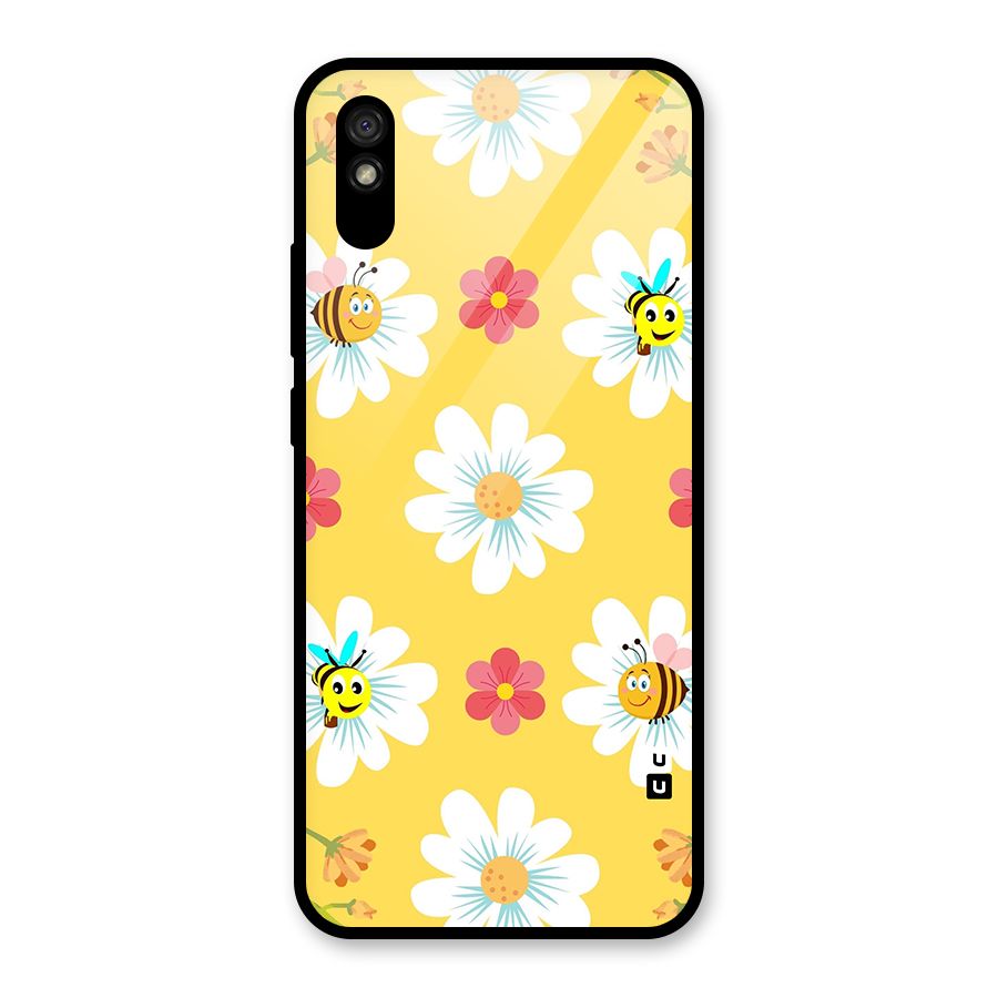 Happy Flowers Glass Back Case for Redmi 9i