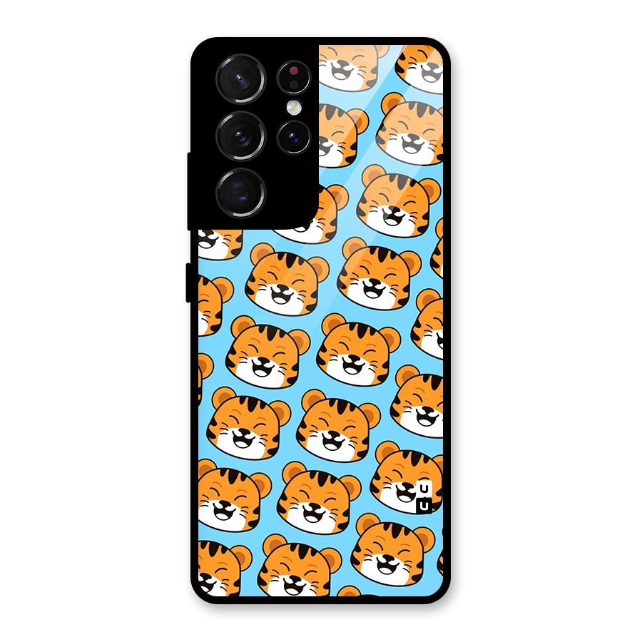 Happy Kitten Pattern Glass Back Case for Galaxy S21 Ultra 5G