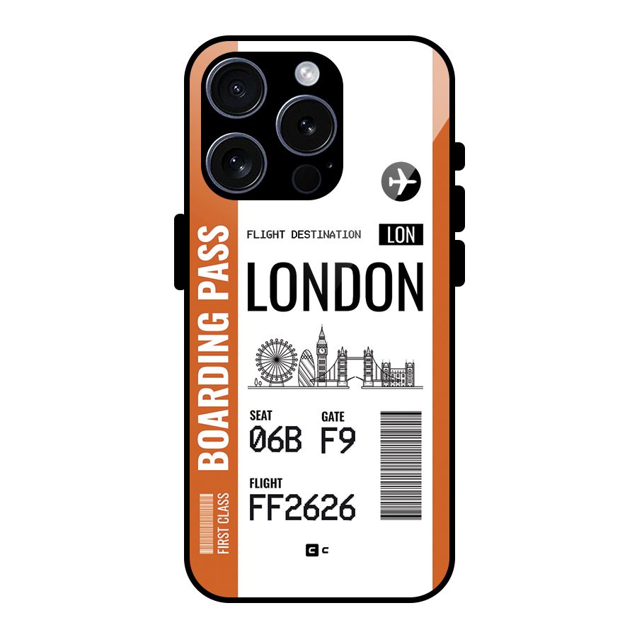 London Boarding Pass Glass Back Case for iPhone 15 Pro
