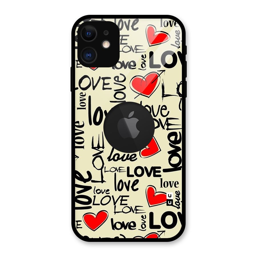 Love Hearts Pattern Glass Back Case for iPhone 11 Logo Cut