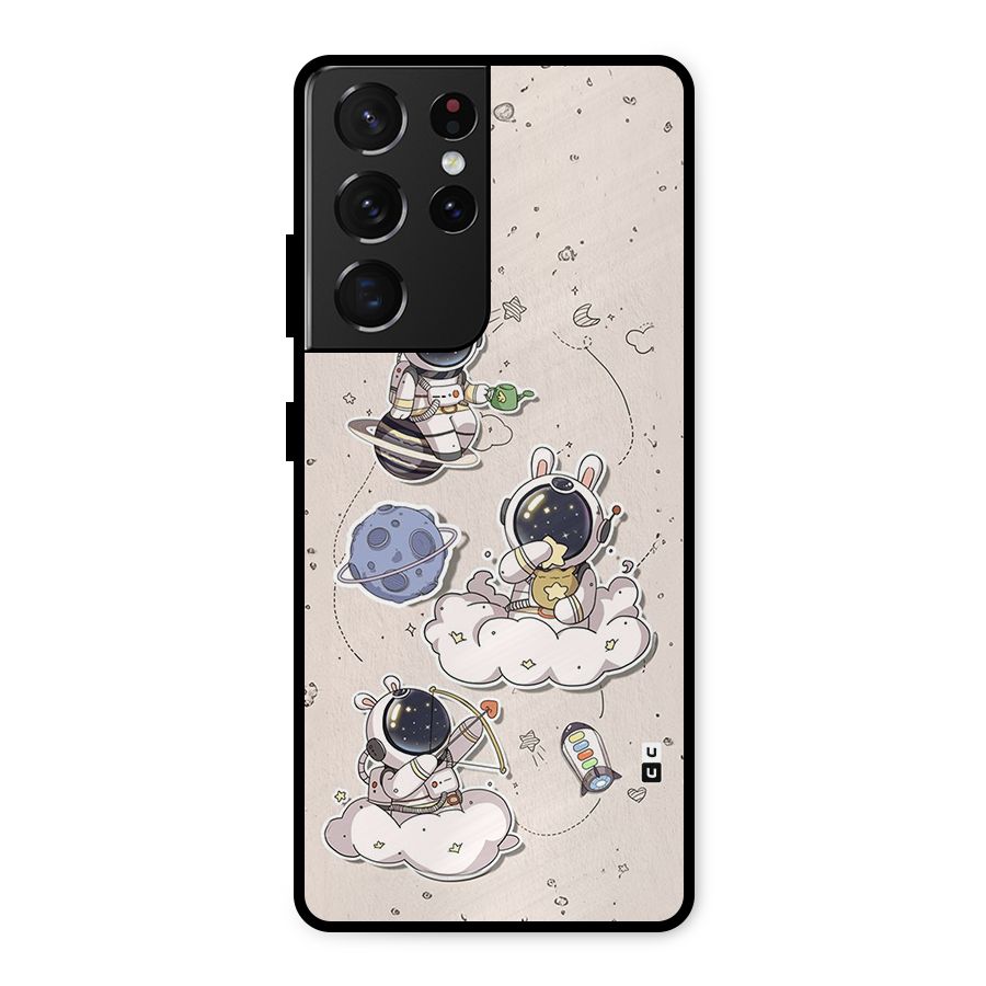 Lovely Astronaut Playing Metal Back Case for Galaxy S21 Ultra 5G