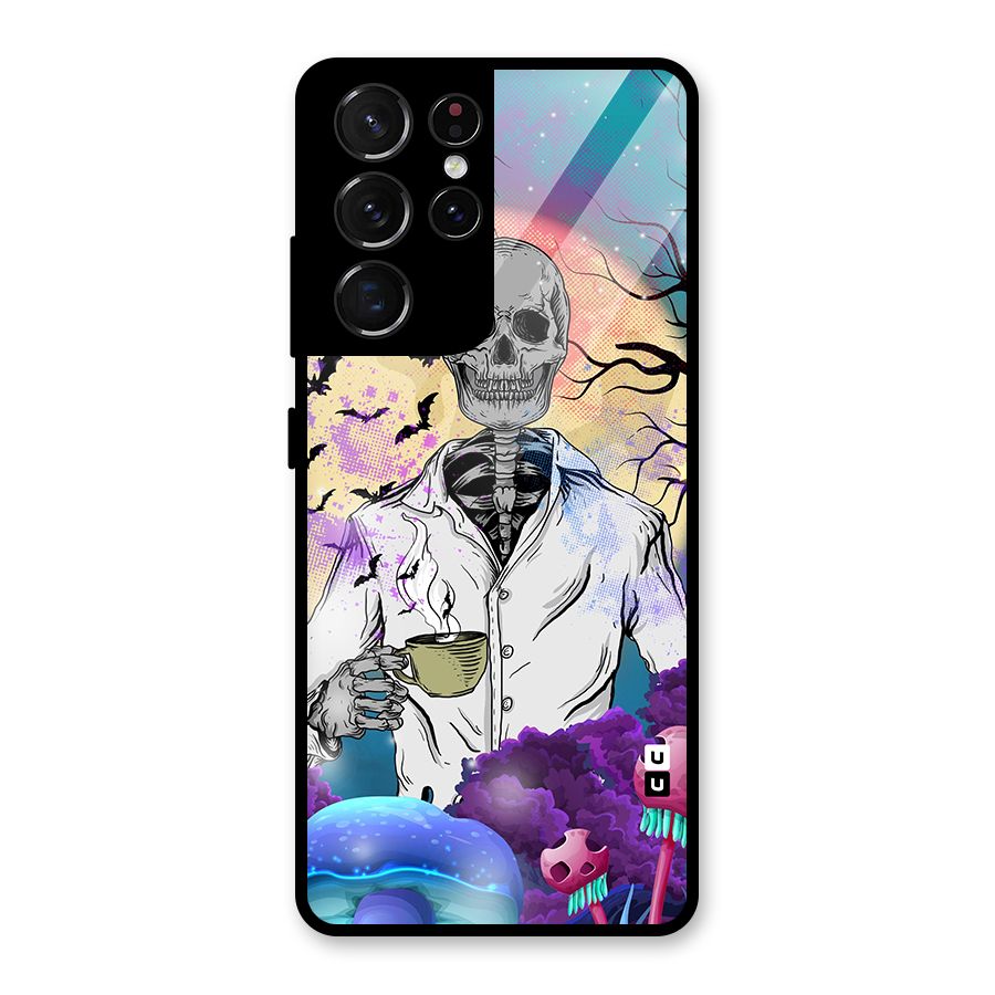 Morning Tea Skull Glass Back Case for Galaxy S21 Ultra 5G