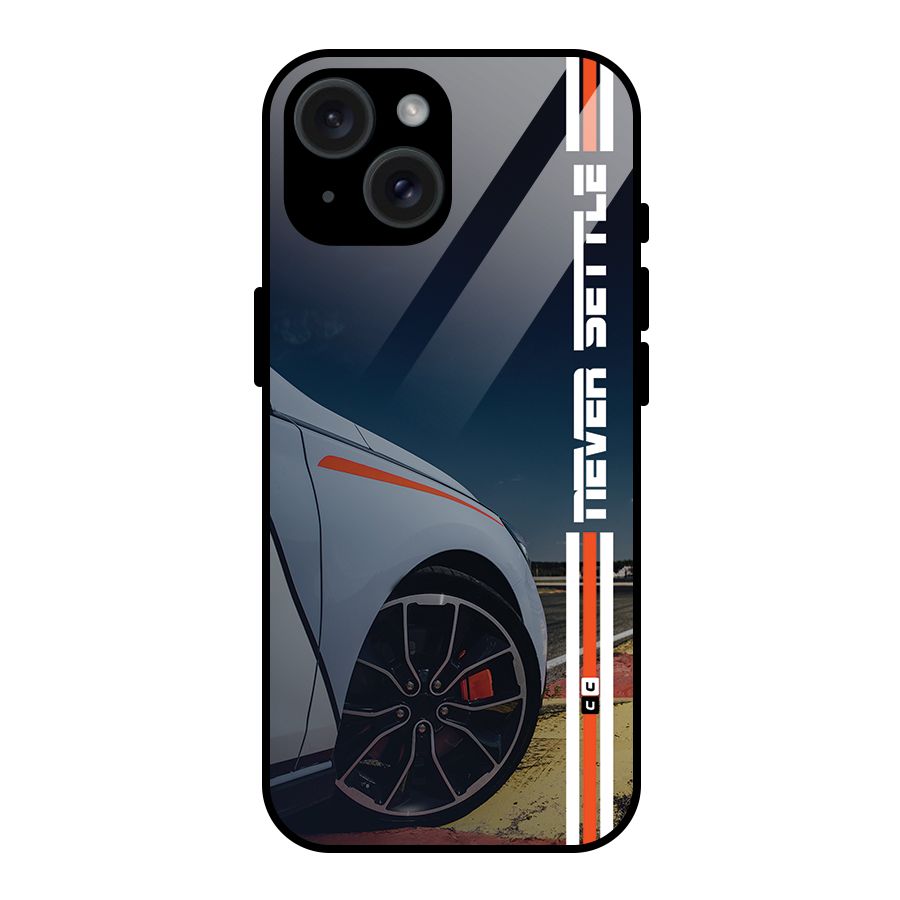 Never Settle SuperCar Glass Back Case for iPhone 15