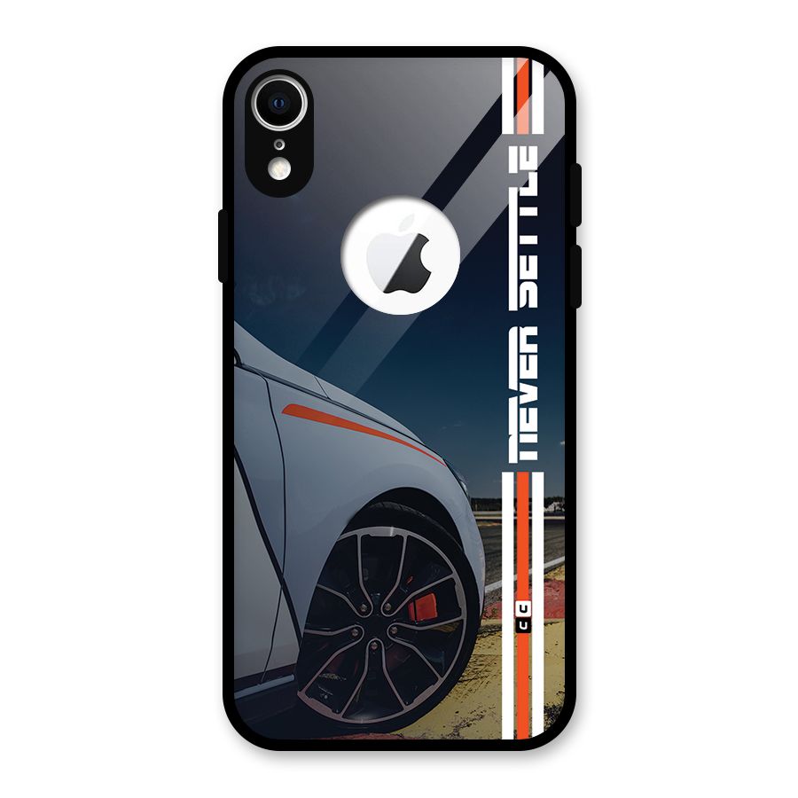 Never Settle SuperCar Glass Back Case for iPhone XR Logo Cut