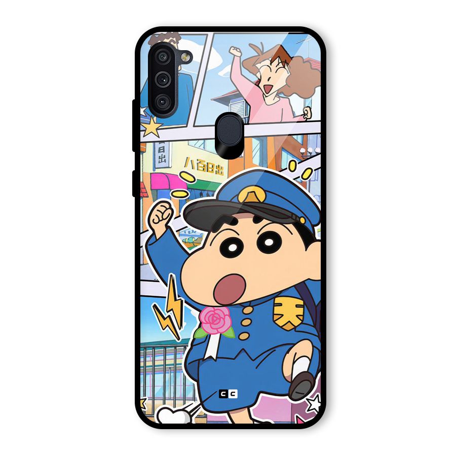 Officer Shinchan Glass Back Case for Galaxy M11