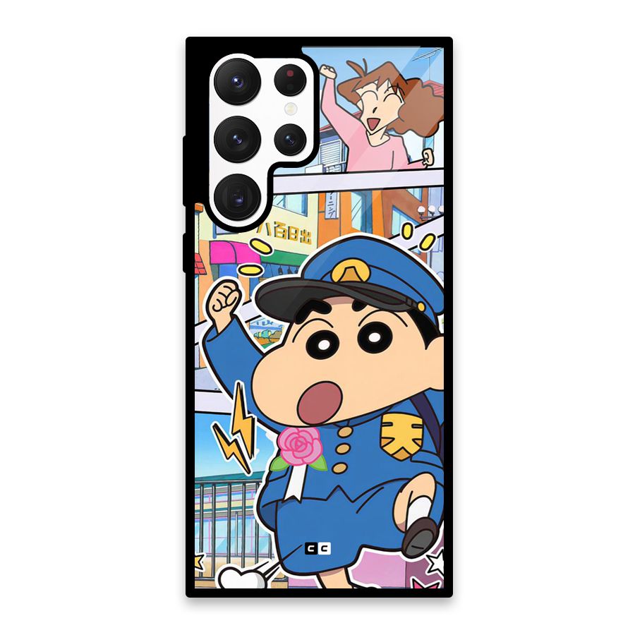 Officer Shinchan Glass Back Case for Galaxy S22 Ultra 5G