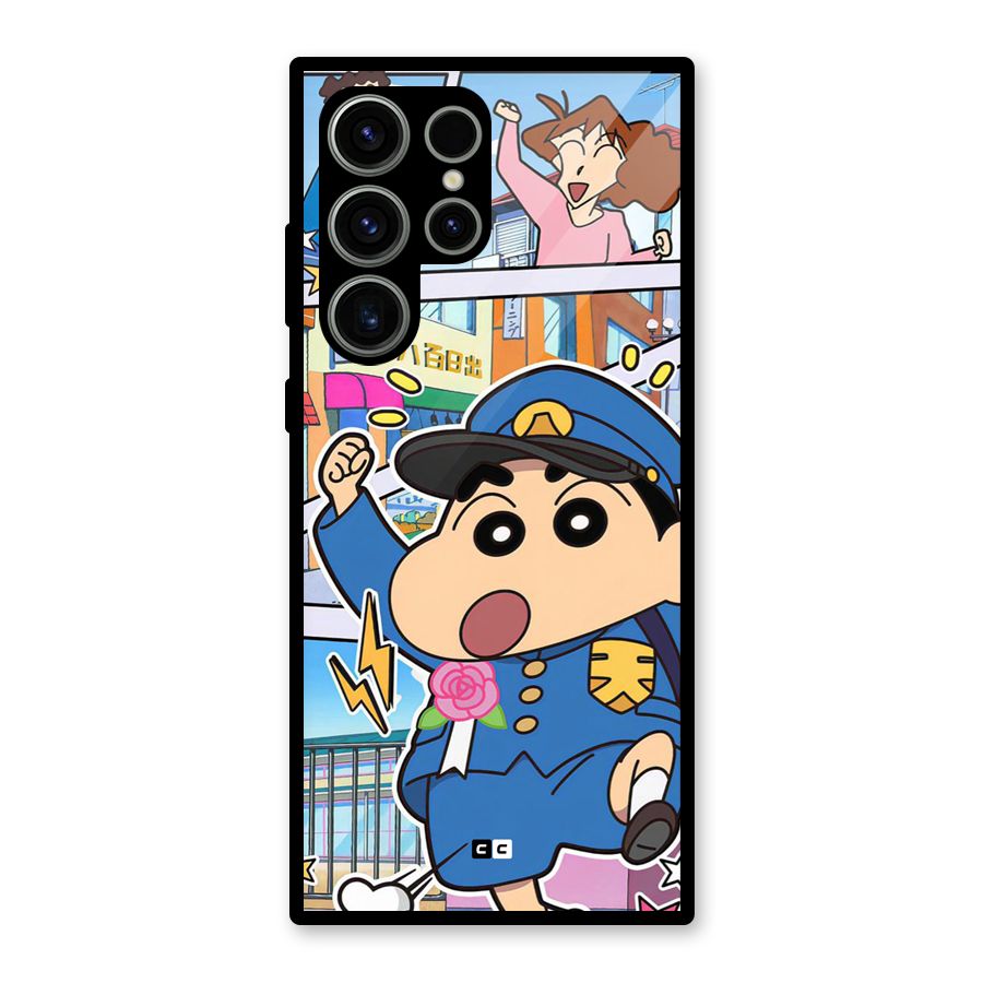 Officer Shinchan Glass Back Case for Galaxy S23 Ultra