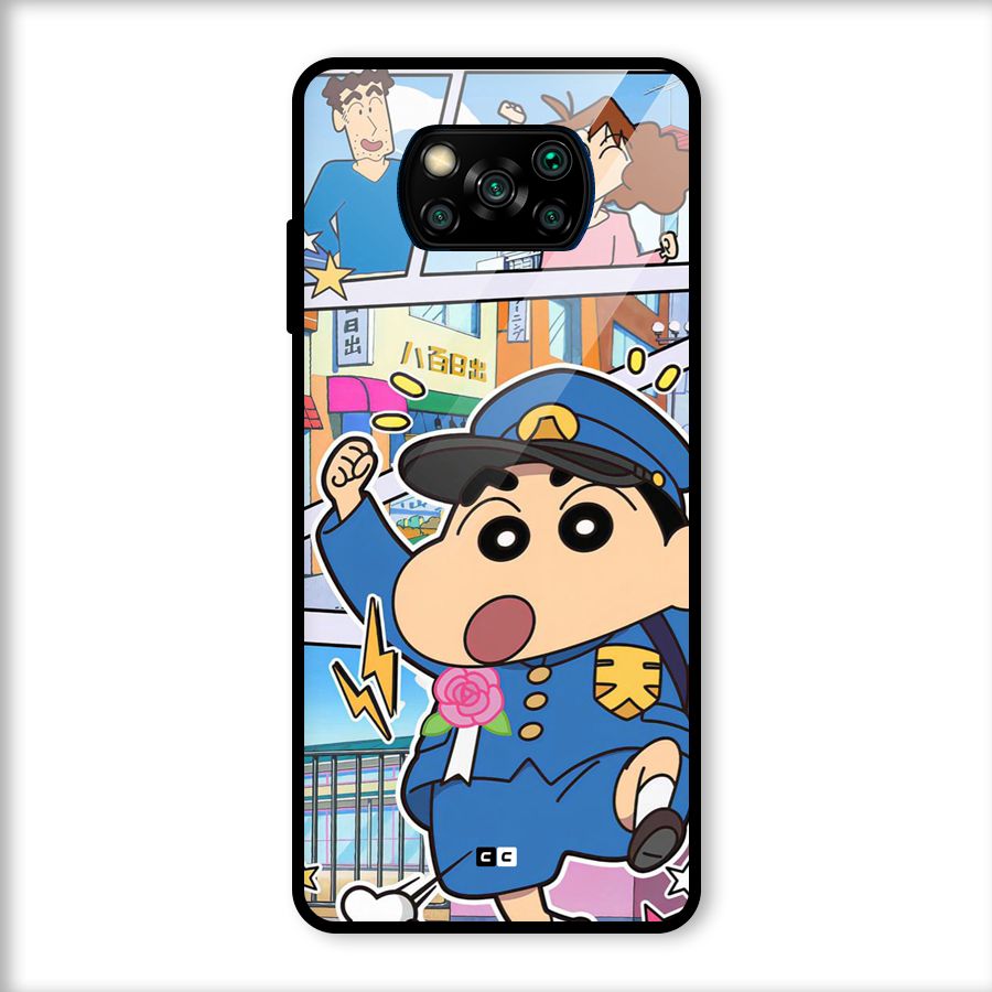 Officer Shinchan Glass Back Case for Poco X3