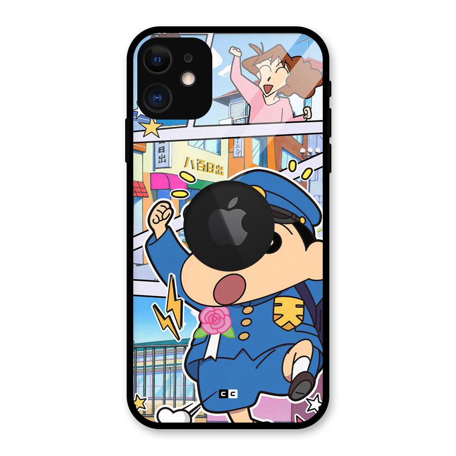 Officer Shinchan Glass Back Case for iPhone 11 Logo Cut