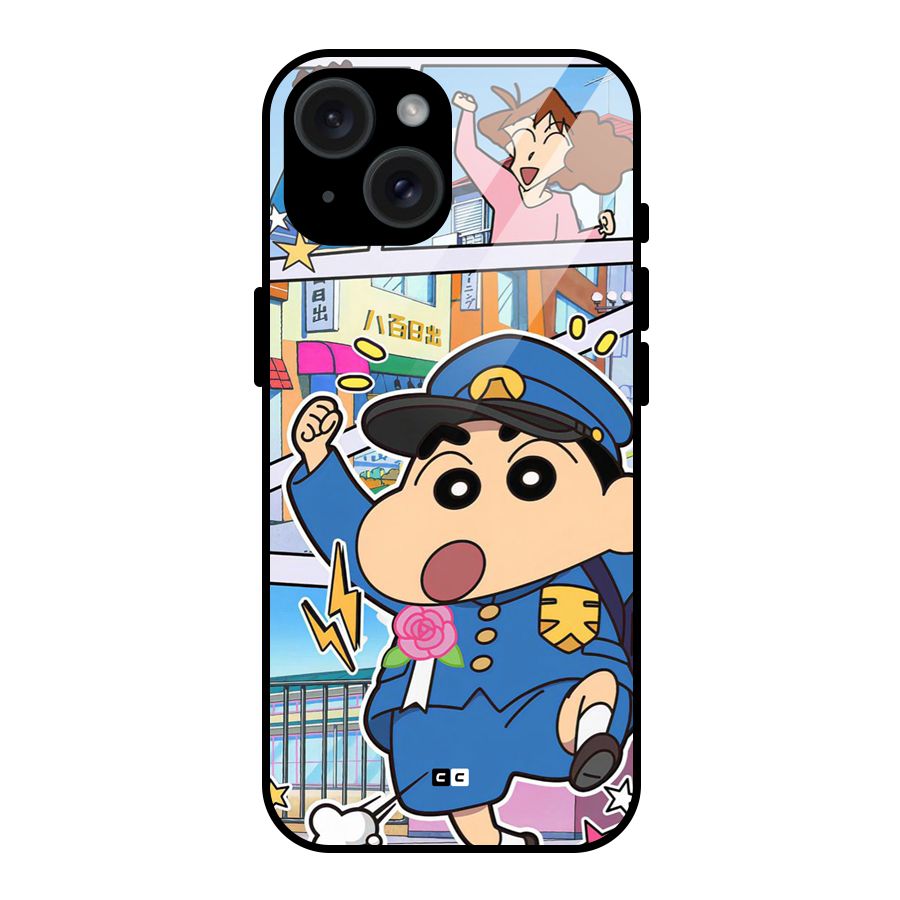 Officer Shinchan Glass Back Case for iPhone 15