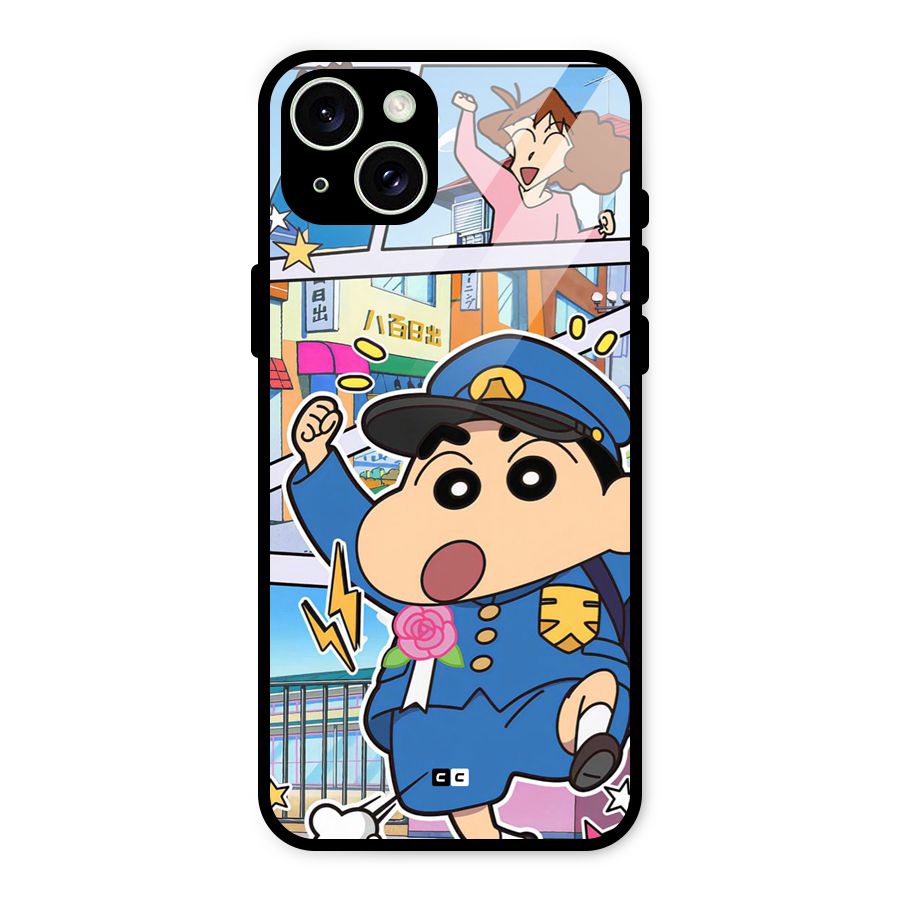 Officer Shinchan Glass Back Case for iPhone 15 Plus