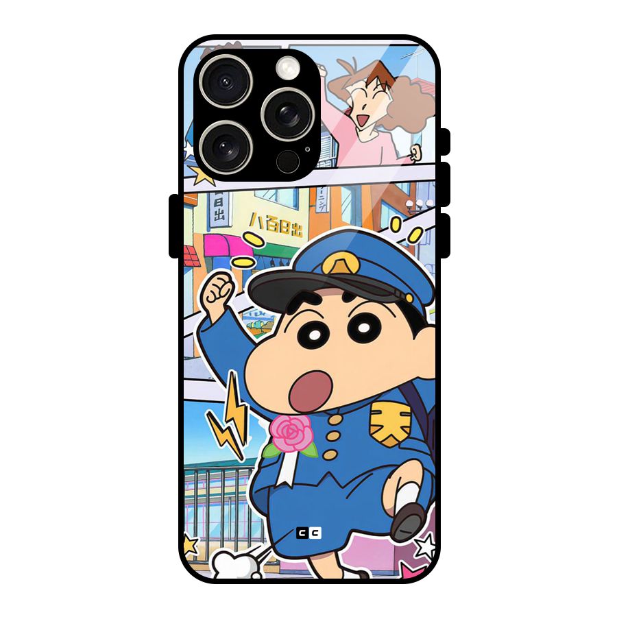 Officer Shinchan Glass Back Case for iPhone 15 Pro Max