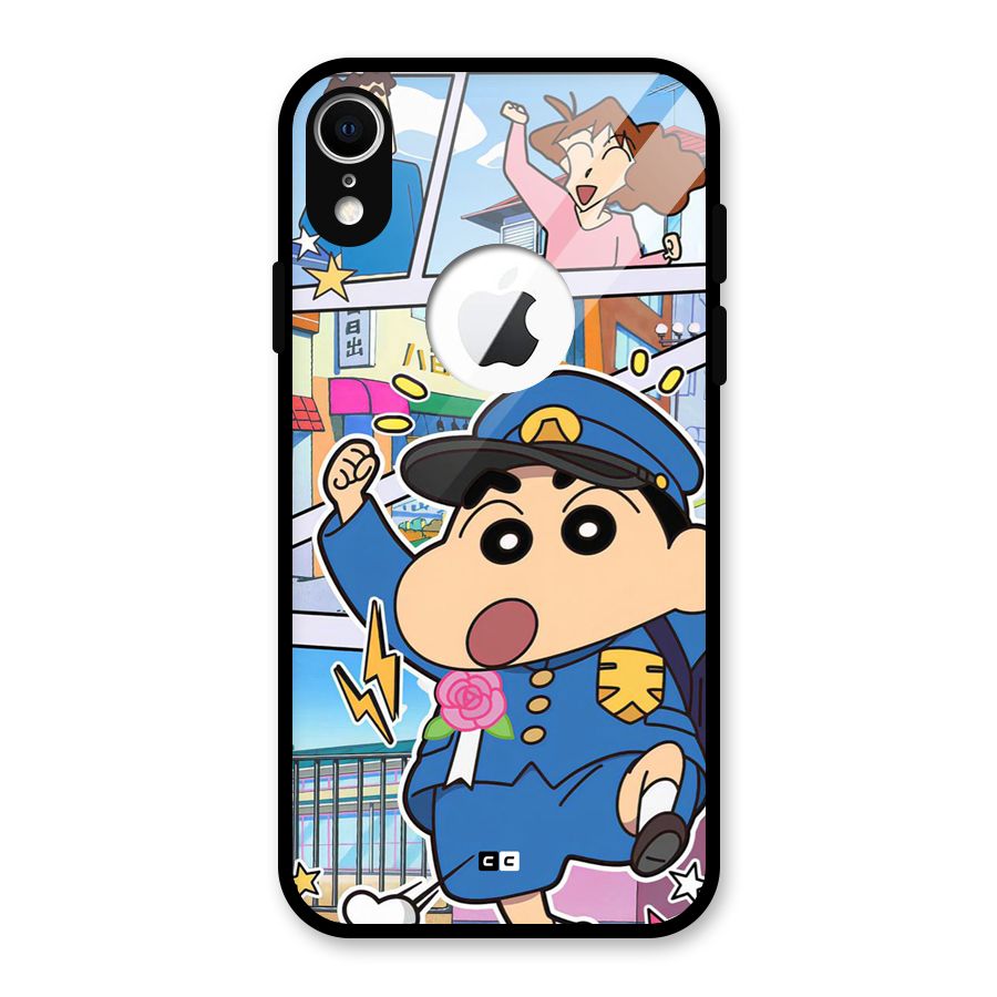 Officer Shinchan Glass Back Case for iPhone XR Logo Cut